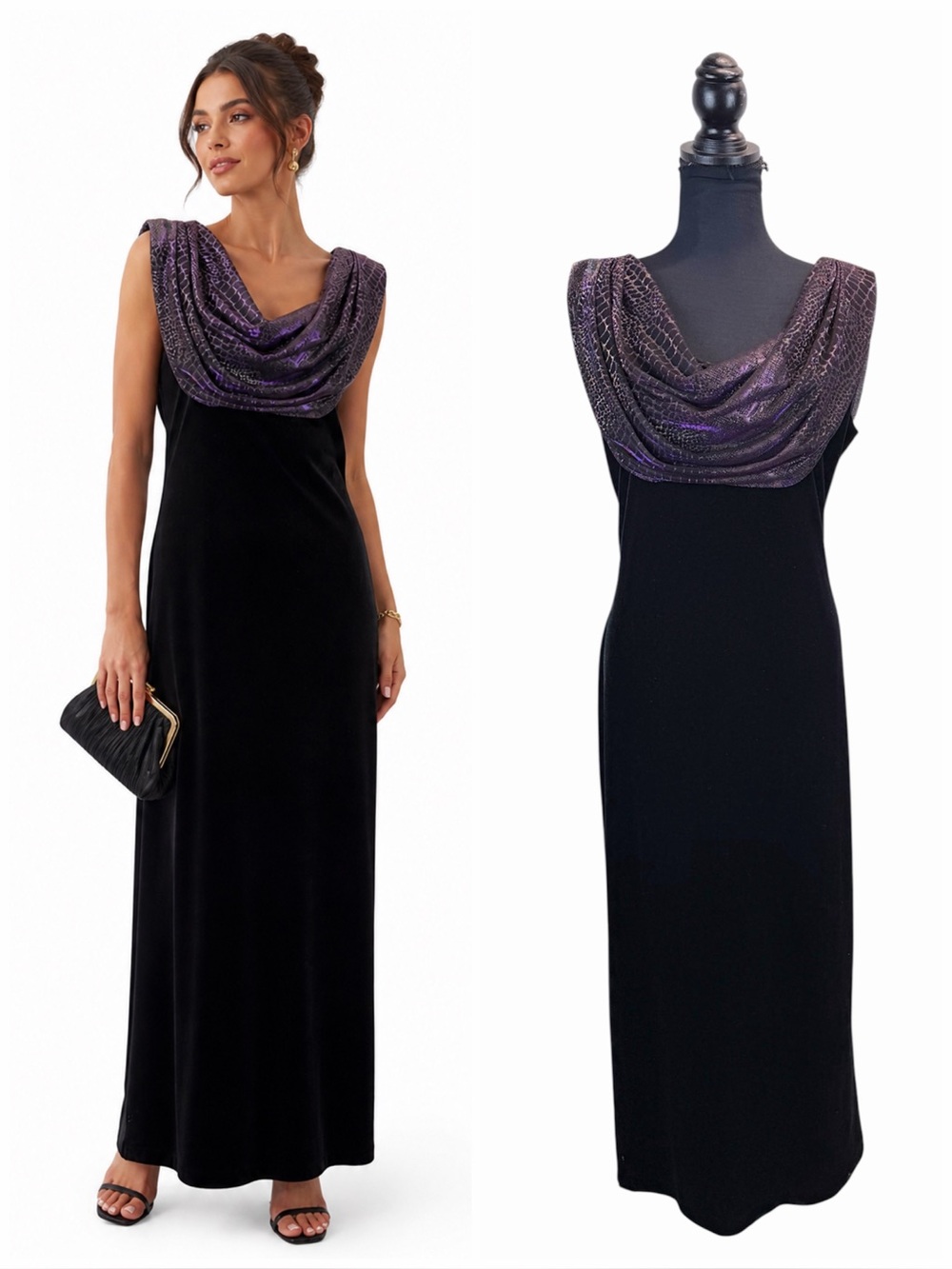 VTG Black Velvet Maxi Dress 14 Cowl Neck Purple Metallic Drape Evening Formal